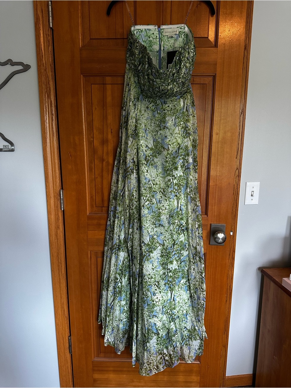 Sachin + Babi Strapless Green Floral Evening Gown